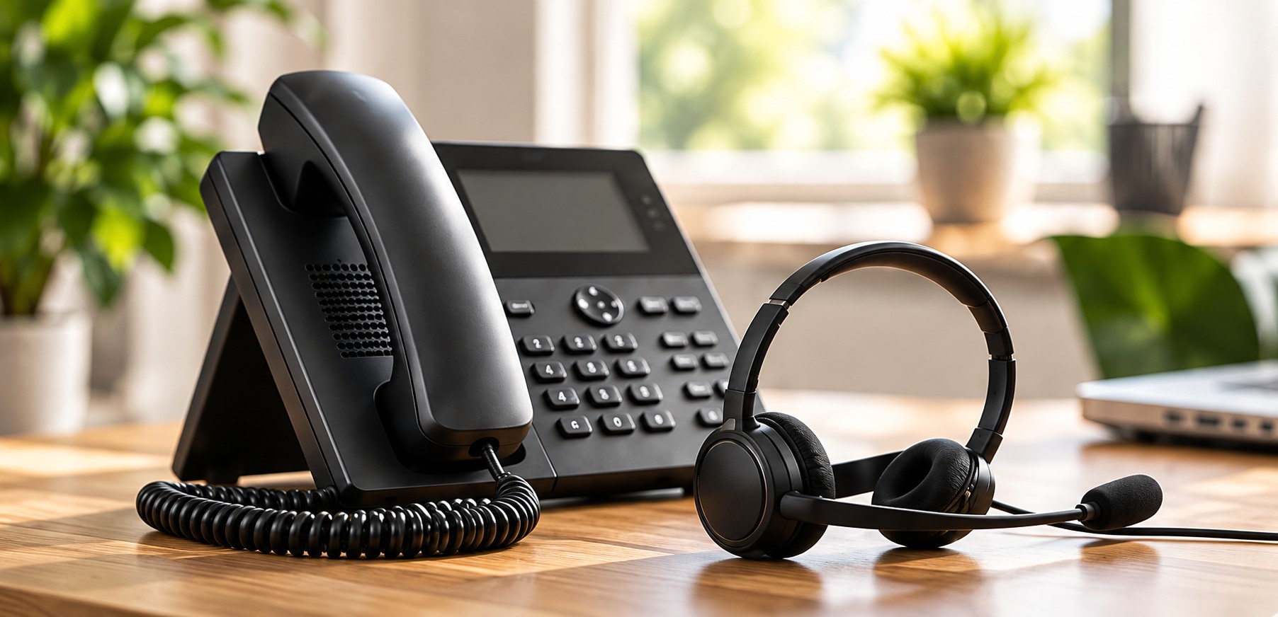 Tischtelefon und Headset – Symbolbild