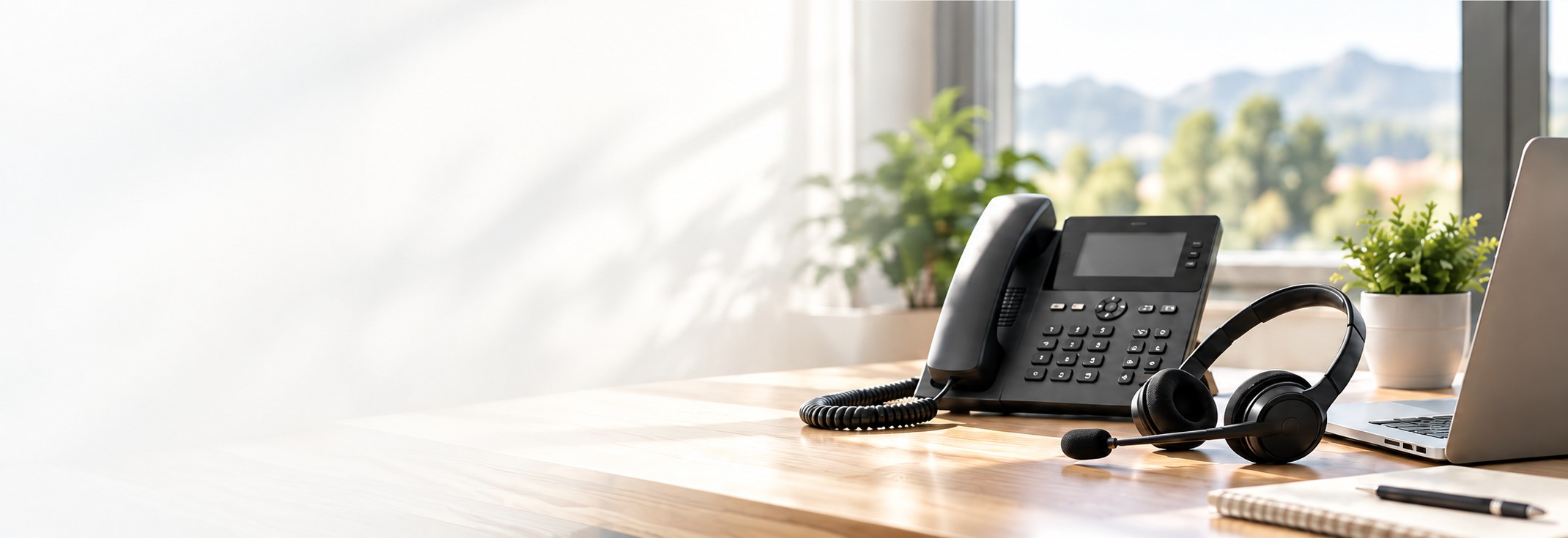 Telefon, Headset und Laptop auf einem Arbeitsplatz – Symbolbild